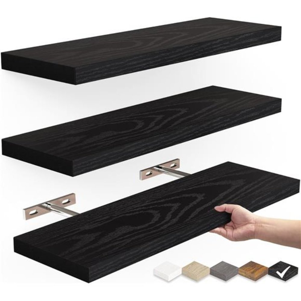 Floating Shelves, Wall Mounted Rustic Wood Shelves (Black, Set of 3, 16in)